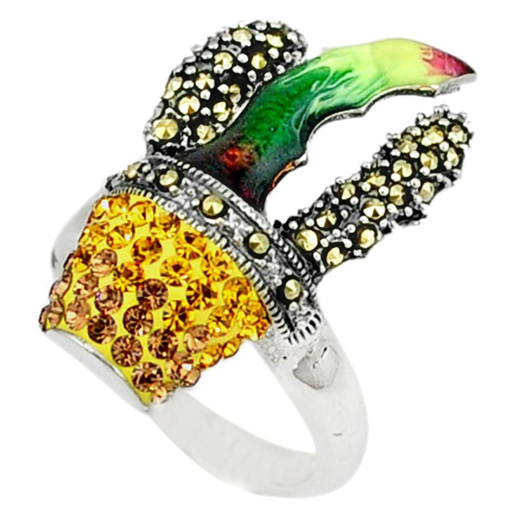 Natural yellow topaz marcasite enamel 925 sterling silver ring size 6.5 a44011