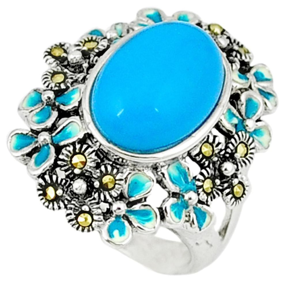 Blue sleeping beauty turquoise marcasite enamel 925 silver ring size 6.5 a44055