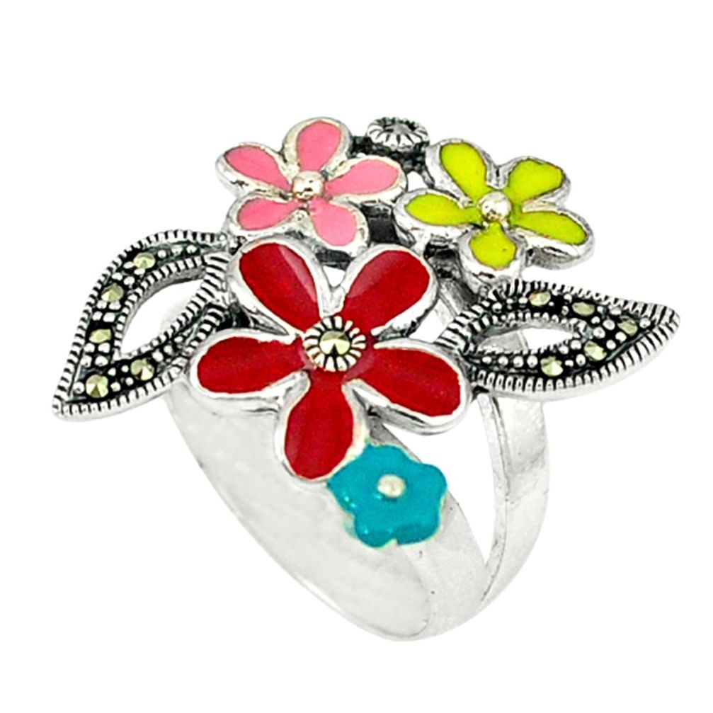 Fine marcasite enamel 925 sterling silver flower ring jewelry size 7 a44072