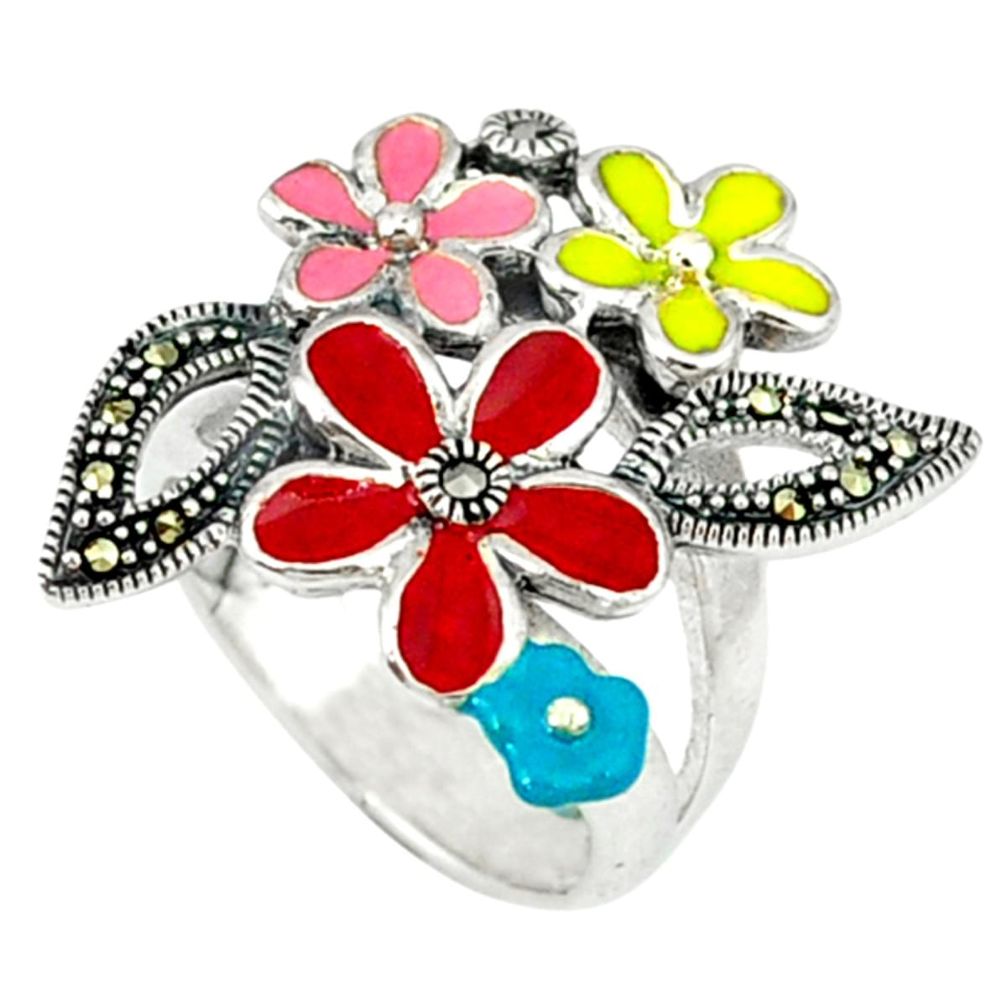 925 sterling silver fine marcasite enamel flower ring jewelry size 6.5 a44075