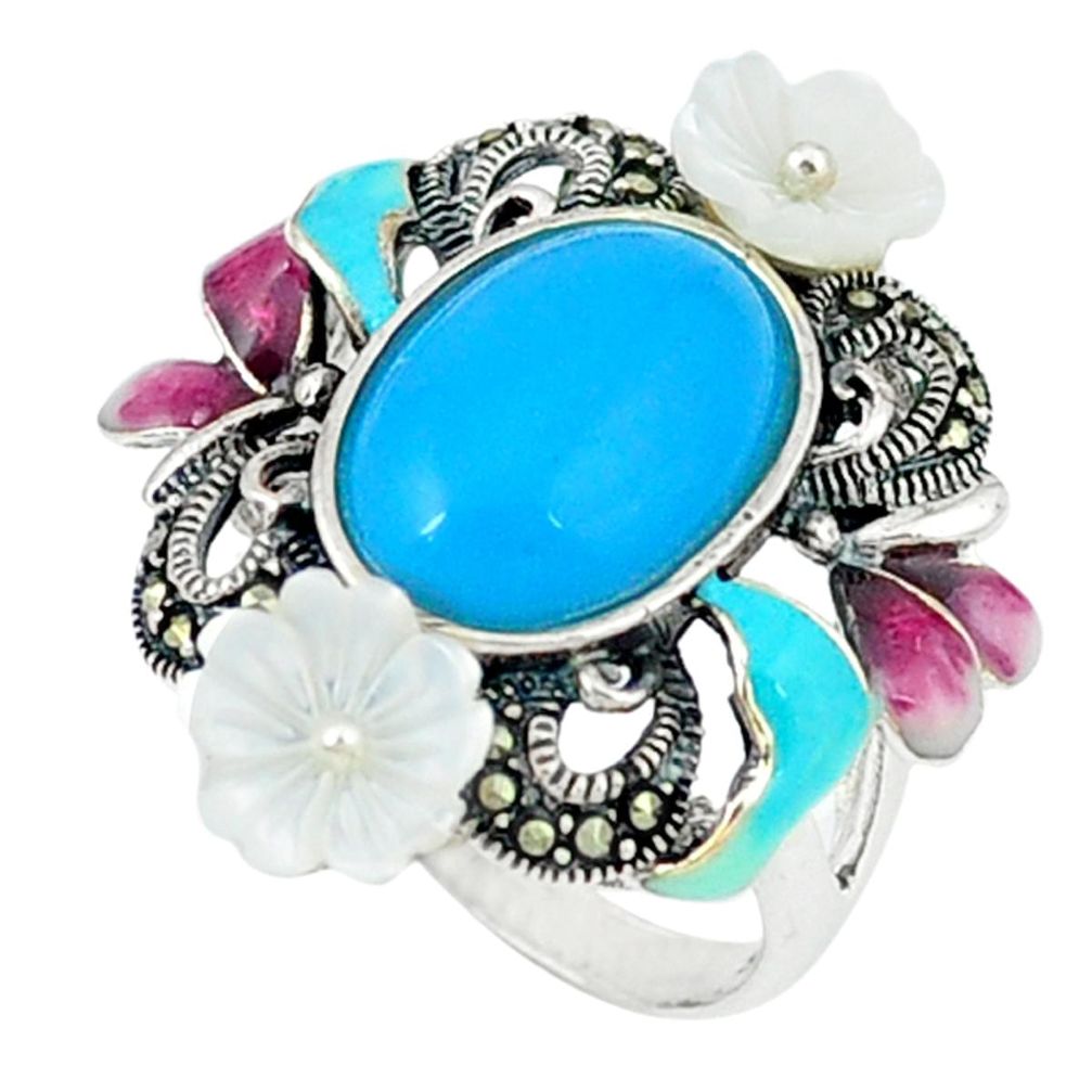 Blue sleeping beauty turquoise marcasite enamel 925 silver ring size 7.5 a44086