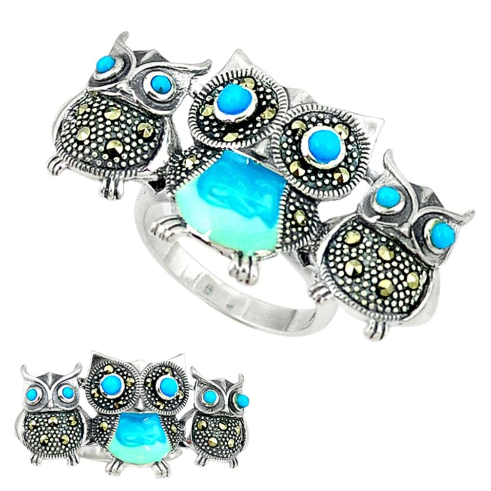 Blue sleeping beauty turquoise enamel 925 silver owl ring size 7.5 a44175