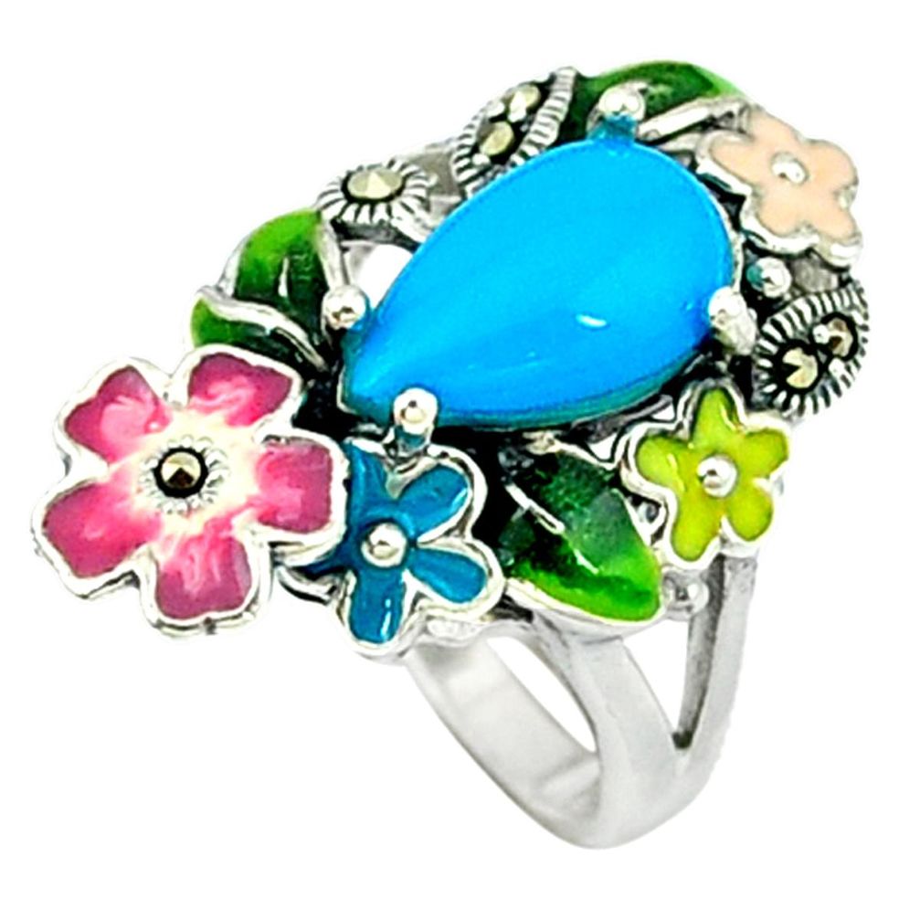 Blue sleeping beauty turquoise enamel 925 silver flower ring size 5.5 a44255