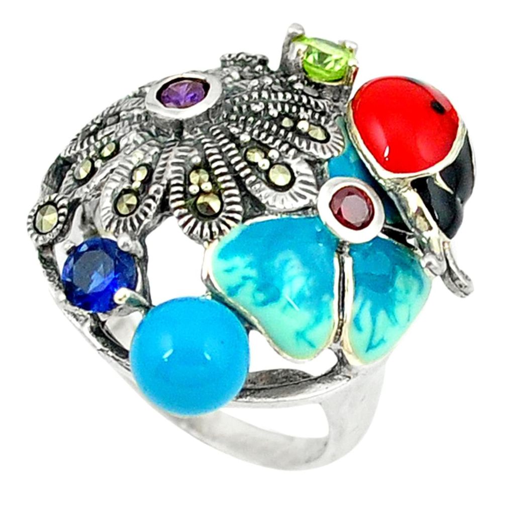 Ladybug blue sleeping beauty turquoise marcasite 925 silver ring size 7 a44642