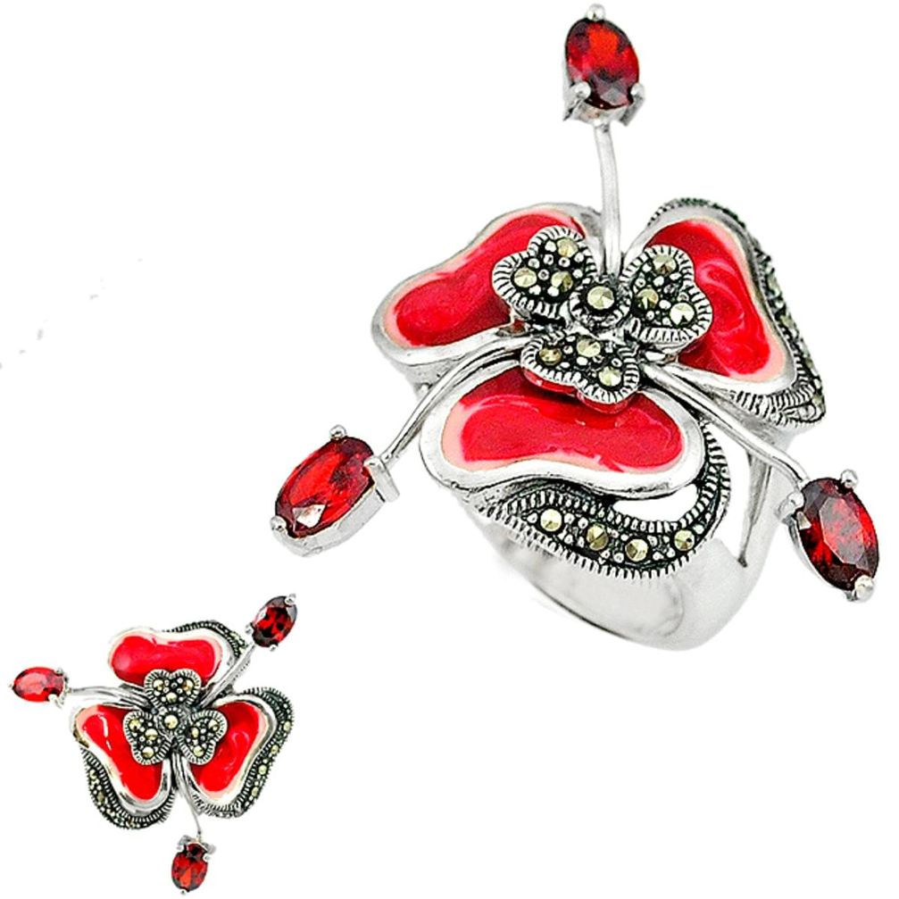 3.21cts natural red garnet marcasite enamel 925 silver ring size 6.5 a44660