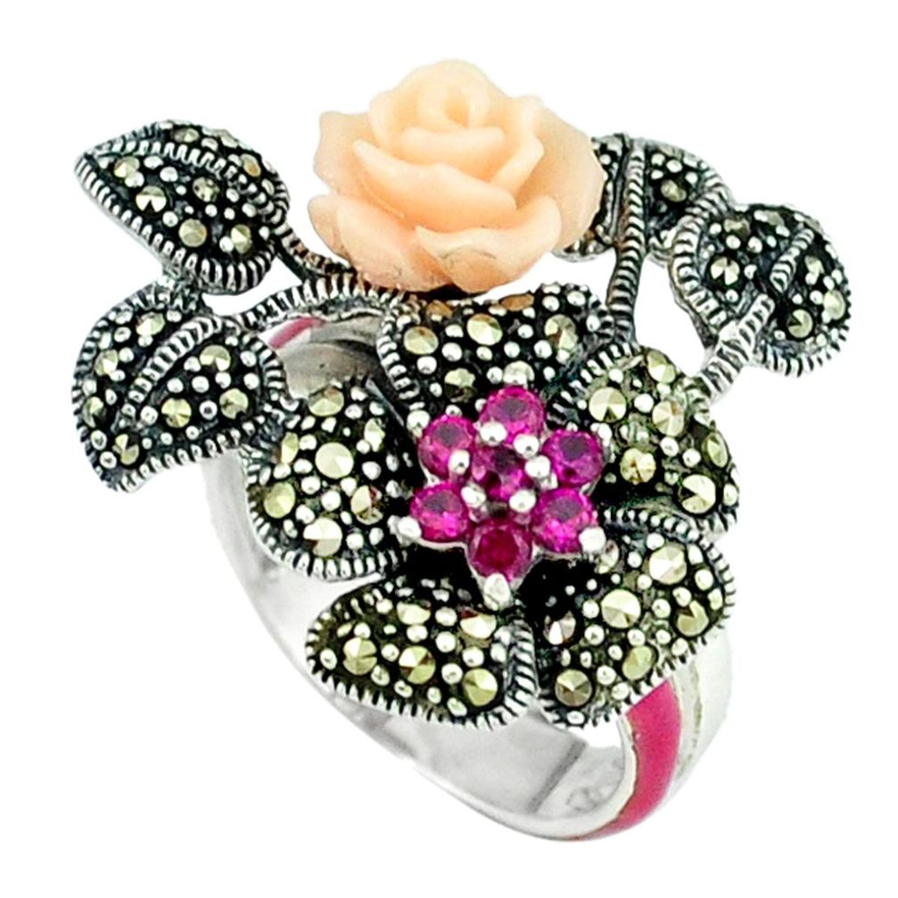 1.05cts red ruby quartz marcasite enamel 925 silver flower ring size 6.5 a44685