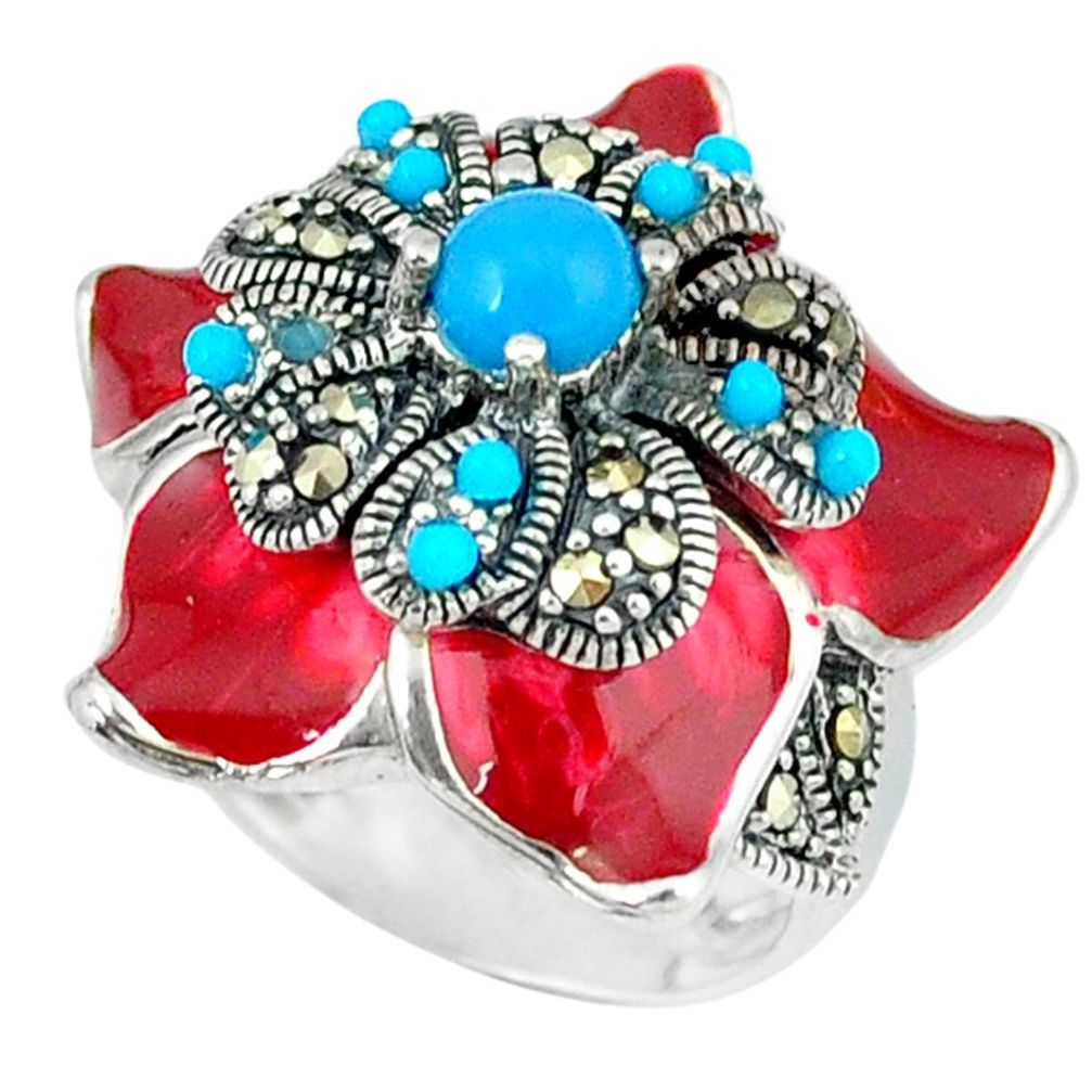 925 silver blue sleeping beauty turquoise fine marcasite ring size 6.5 a44708