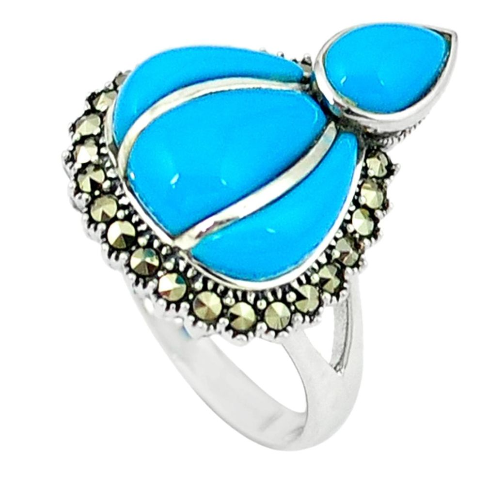 6.16cts blue sleeping beauty turquoise marcasite 925 silver ring size 7.5 a44751
