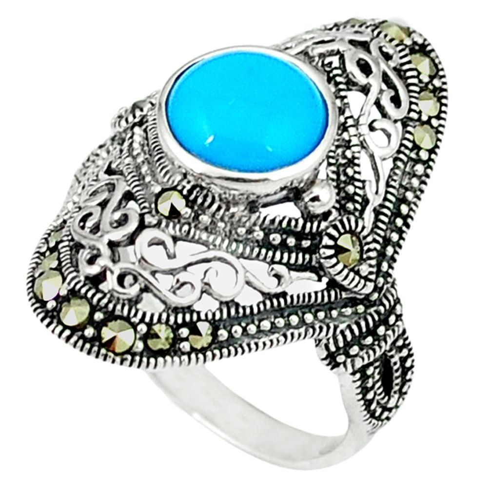 2.85cts blue sleeping beauty turquoise marcasite 925 silver ring size 6.5 a44777