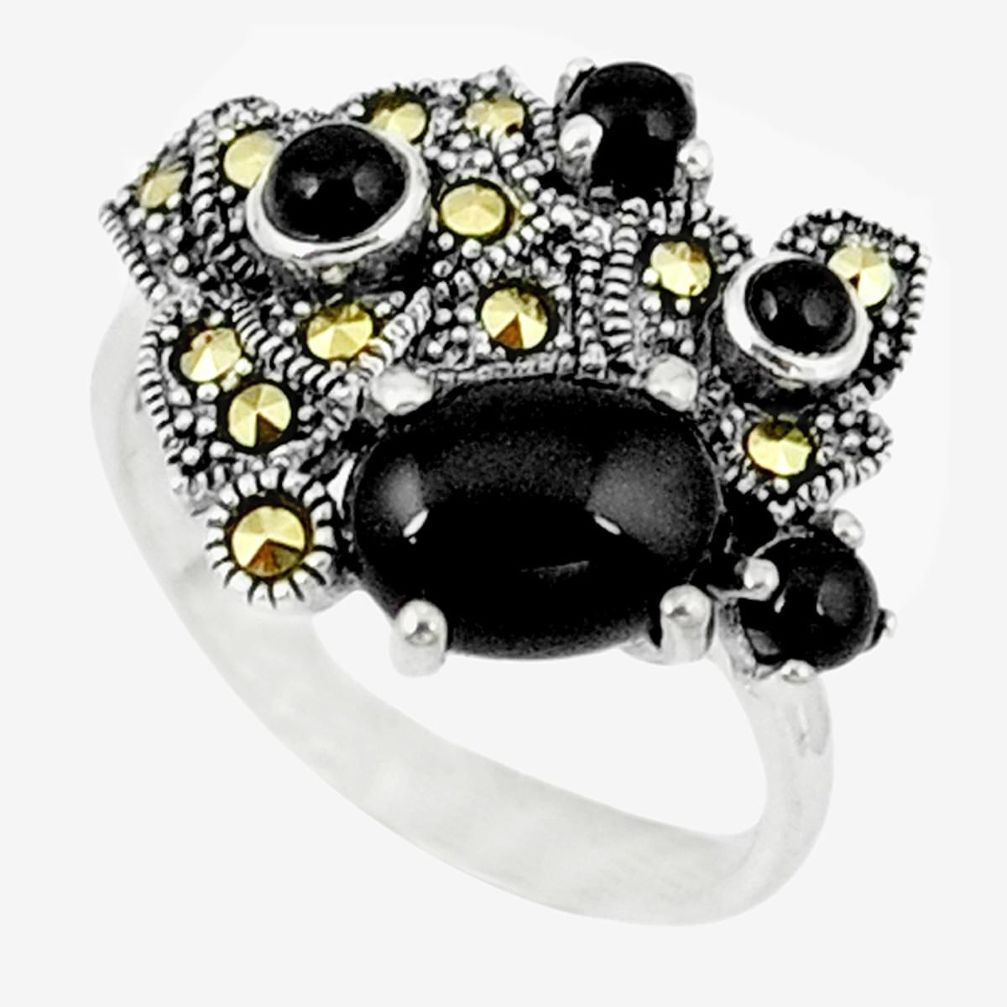 2.56cts natural black onyx marcasite 925 sterling silver ring size 6 a44790