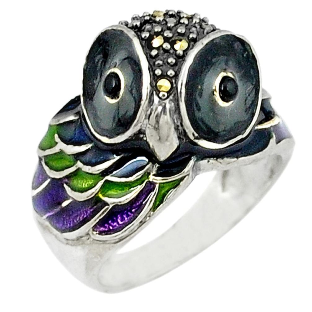 0.52cts natural black onyx marcasite enamel 925 silver owl ring size 6.5 a44797
