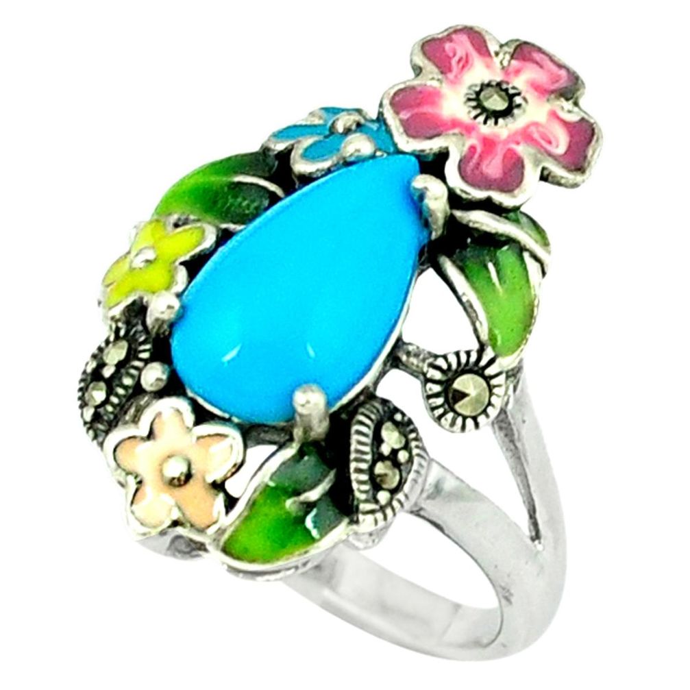 4.21cts blue sleeping beauty turquoise marcasite 925 silver ring size 6.5 a44809