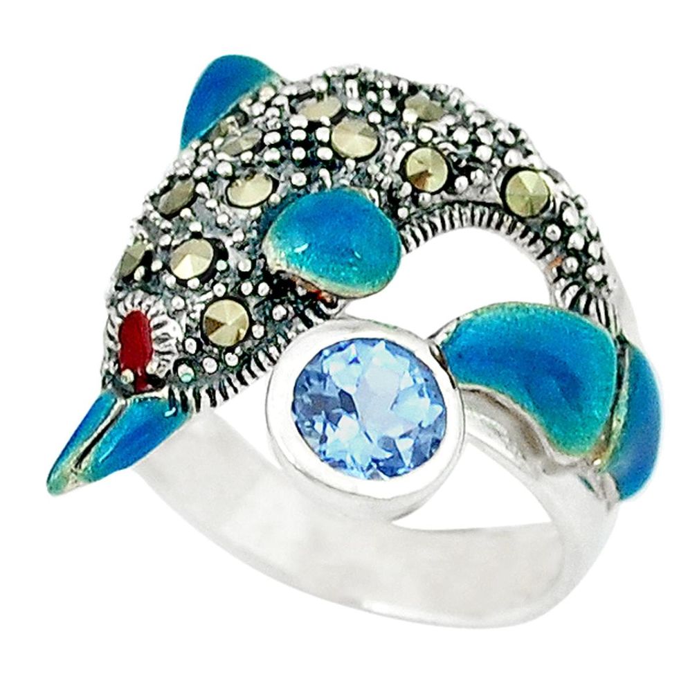 2.37cts natural blue topaz marcasite 925 silver dolphin ring size 8.5 a44822