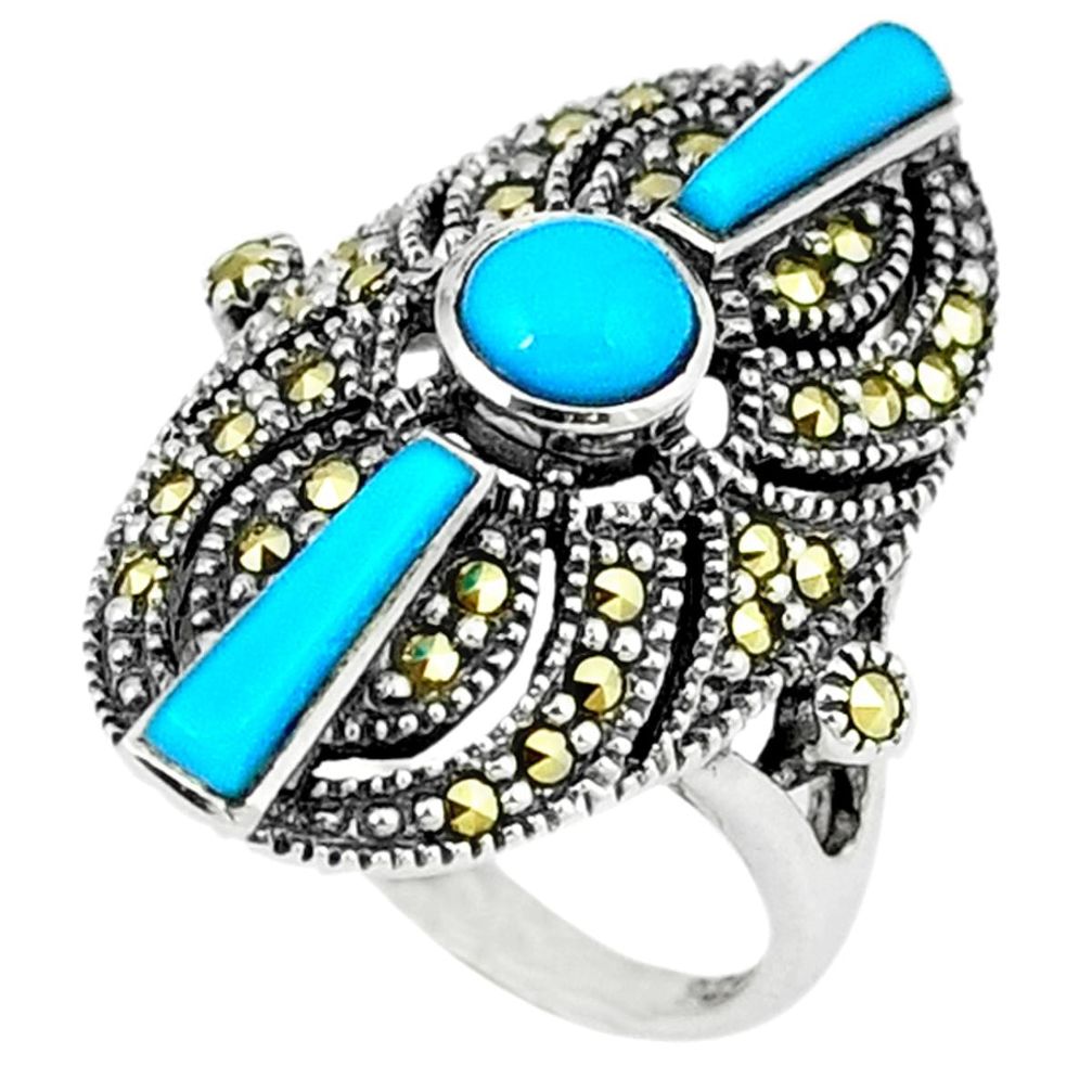 3.74cts blue sleeping beauty turquoise marcasite 925 silver ring size 6.5 a44843