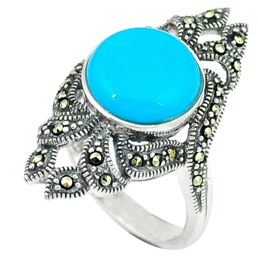 5.34cts blue sleeping beauty turquoise marcasite 925 silver ring size 7.5 a44896