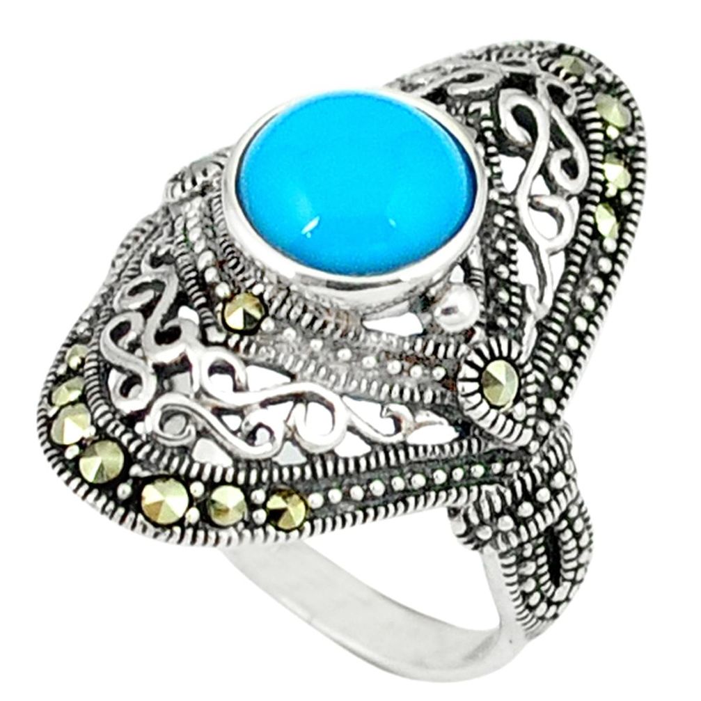 2.94cts blue sleeping beauty turquoise marcasite 925 silver ring size 6 a44946