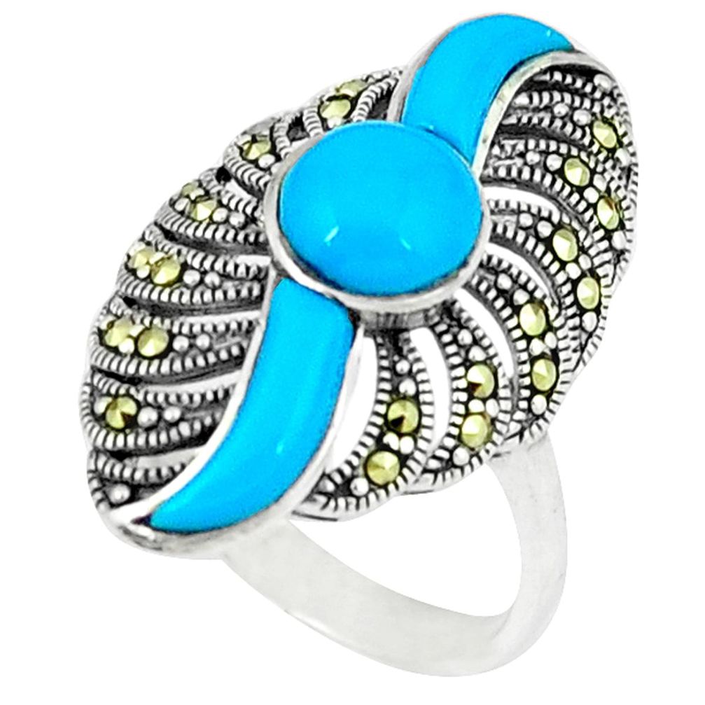 4.01cts blue sleeping beauty turquoise marcasite 925 silver ring size 7.5 a44965