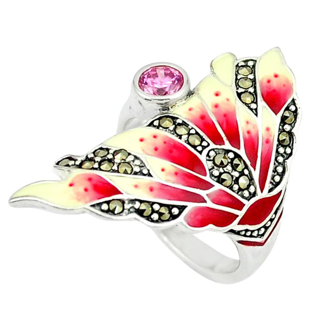 0.69cts pink kunzite (lab) marcasite enamel 925 silver ring size 8 a44999