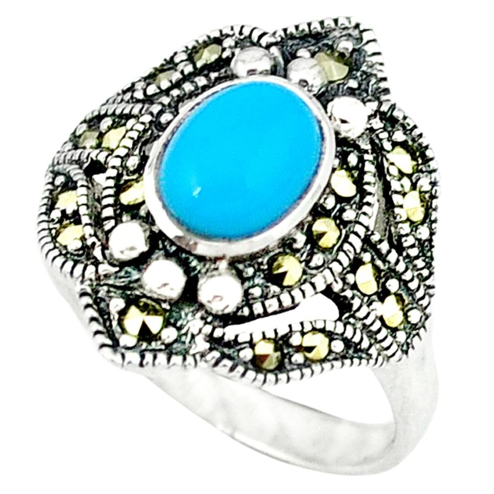 Blue sleeping beauty turquoise marcasite 925 silver ring size 7.5 a45011