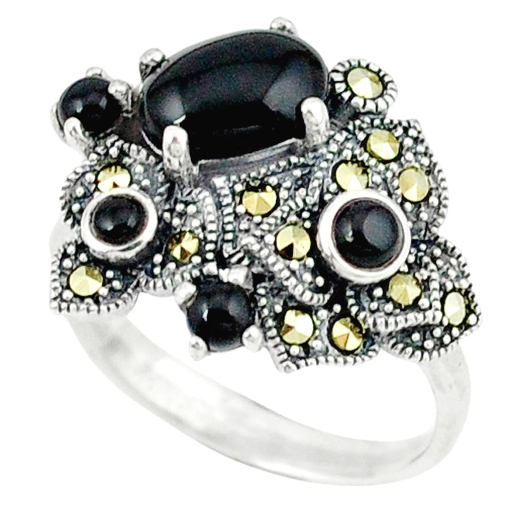 Natural black onyx swiss marcasite 925 sterling silver ring size 6.5 a45021