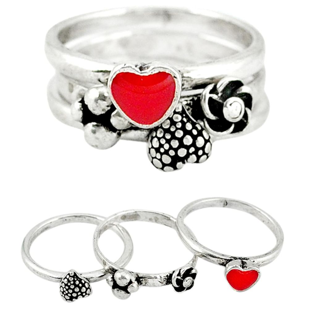 Red coral enamel 925 sterling silver heart stackable 3 rings size 7 a45322