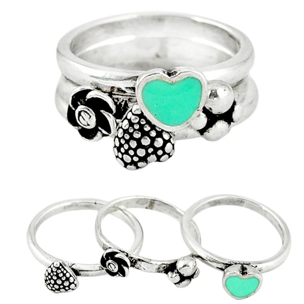 Stackable fine green turquoise enamel 925 silver heart 3 rings size 8.5 a45326