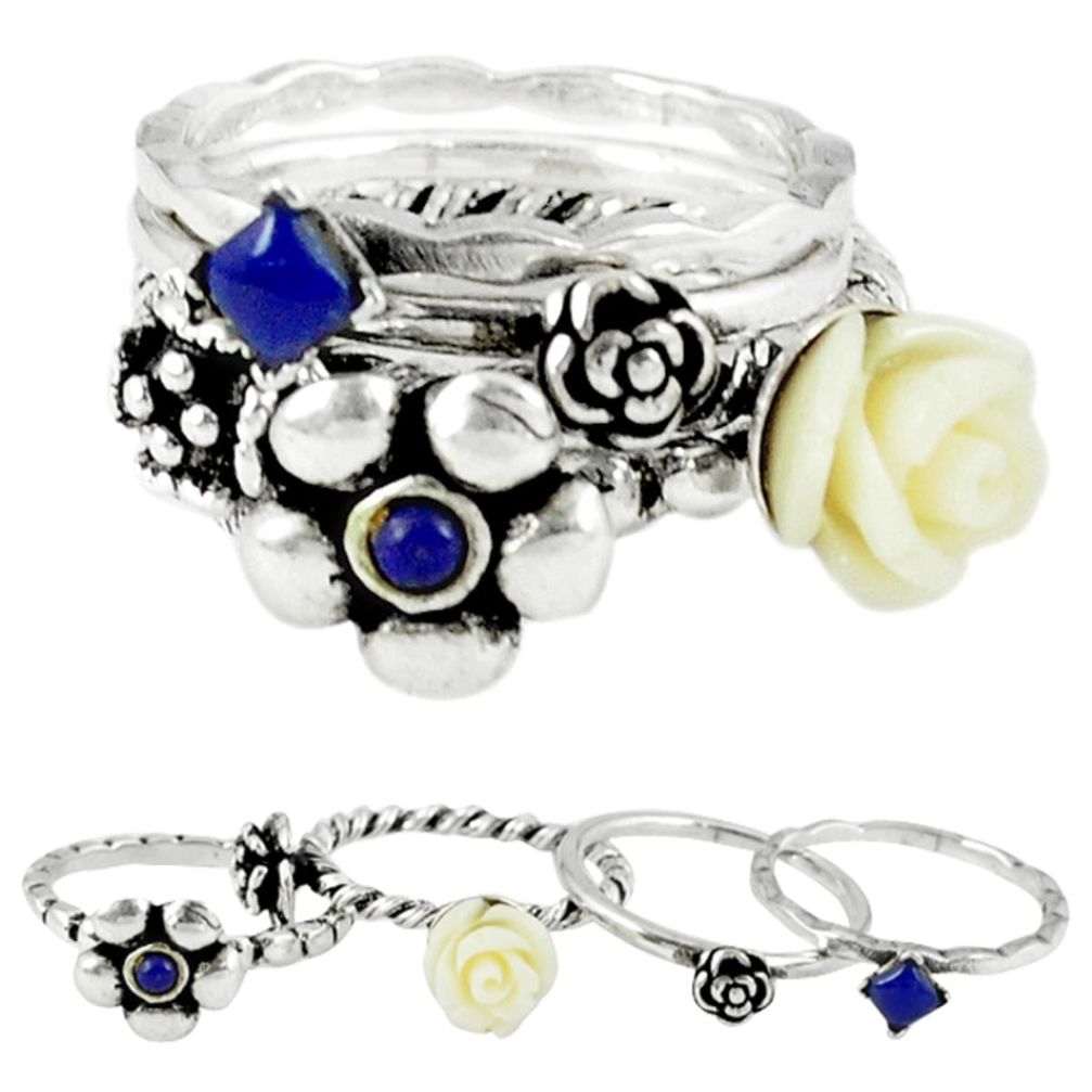 Stackable natural blue lapis enamel 925 silver flower 4 rings size 7.5 a45350