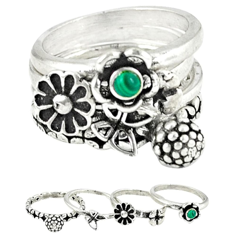 Stackable green malachite (pilot's stone) 925 silver 4 rings size 6.5 a45356