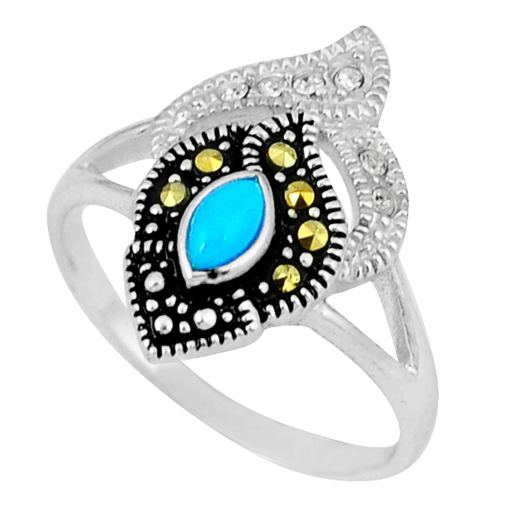 Blue sleeping beauty turquoise marcasite 925 silver ring size 8.5 a45372