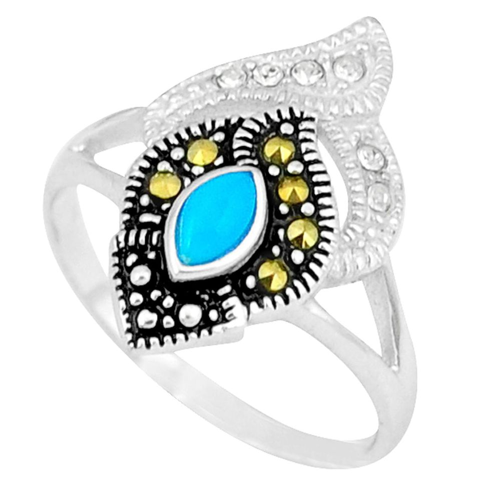 Blue sleeping beauty turquoise marcasite 925 silver ring size 8 a45392