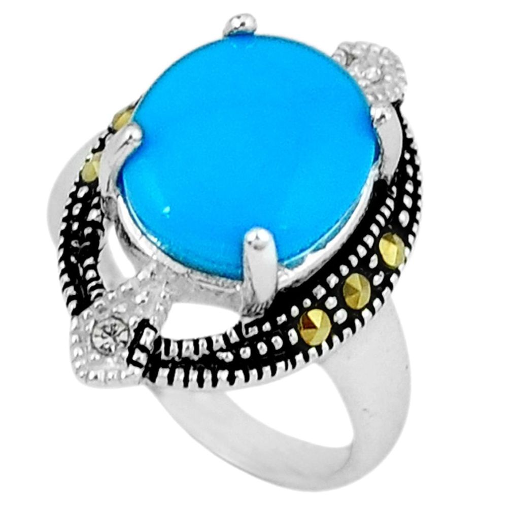 Blue sleeping beauty turquoise marcasite 925 silver ring size 5.5 a45419