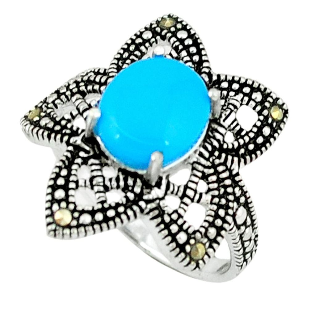 Blue sleeping beauty turquoise marcasite 925 silver ring size 7.5 a45433