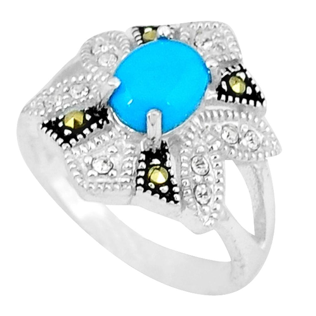Blue sleeping beauty turquoise marcasite 925 silver ring size 5.5 a45452