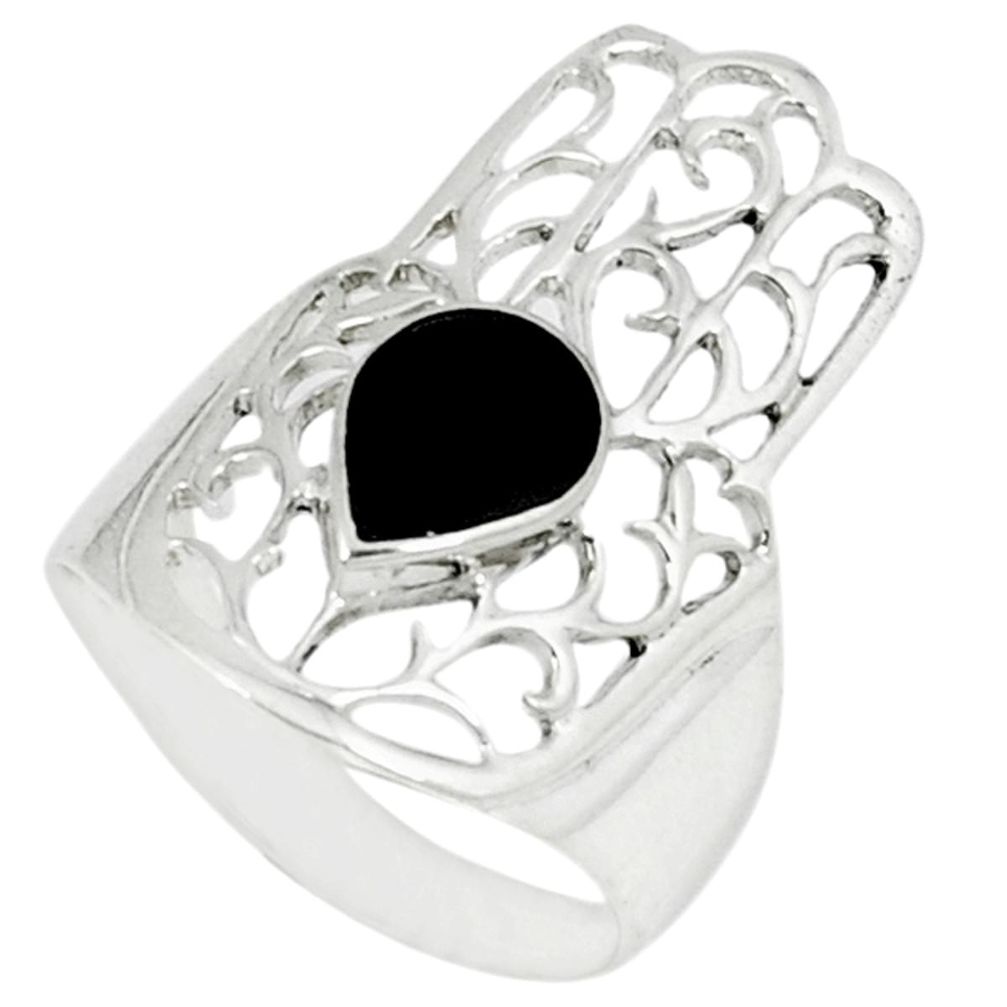 4.02gms natural black onyx 925 silver hand of god hamsa ring size 7 a45856