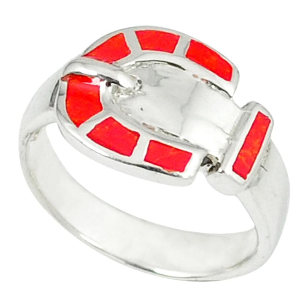 4.02gms red coral enamel 925 sterling silver ring jewelry size 5.5 a45881