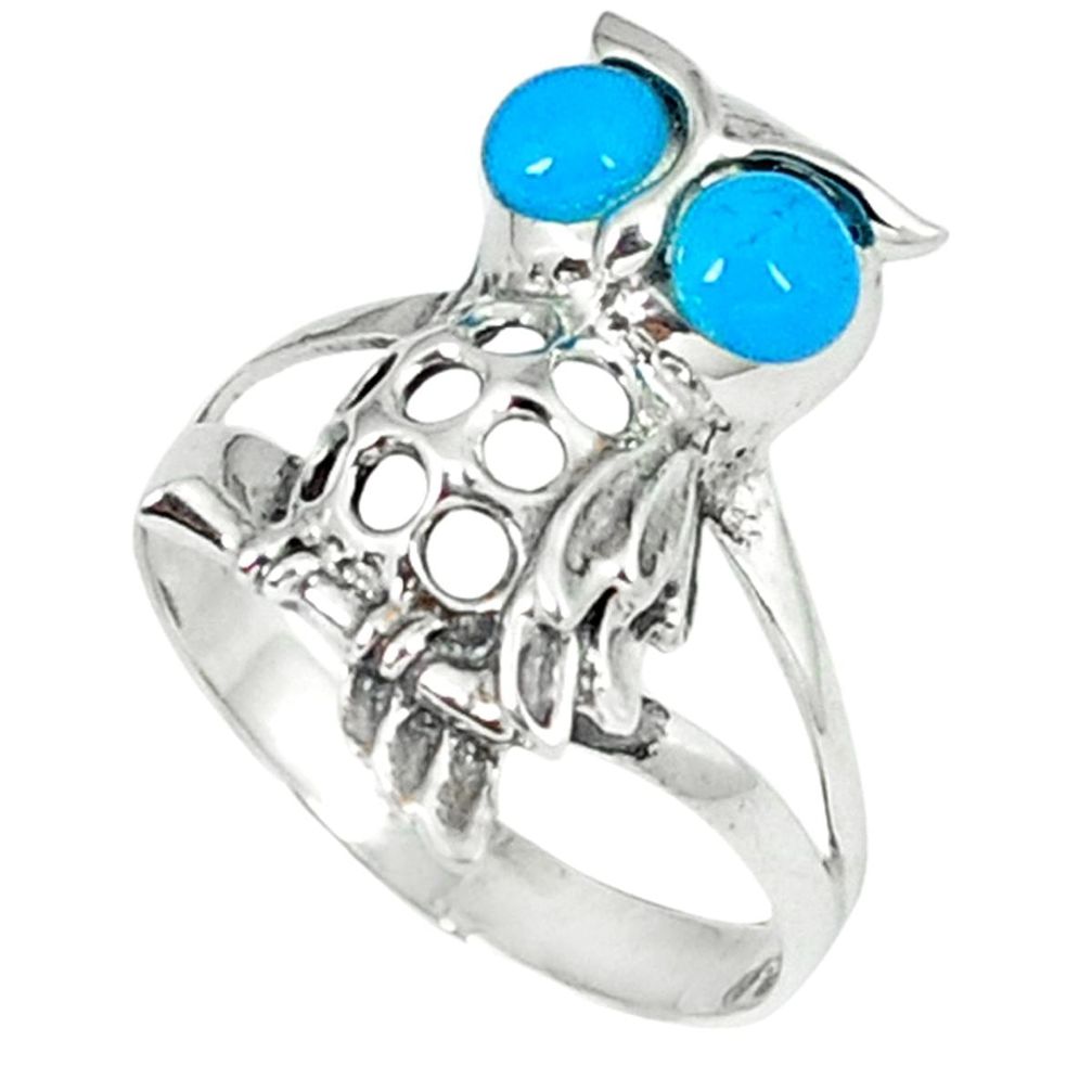 1.34cts fine blue turquoise 925 sterling silver owl ring jewelry size 6.5 a45885