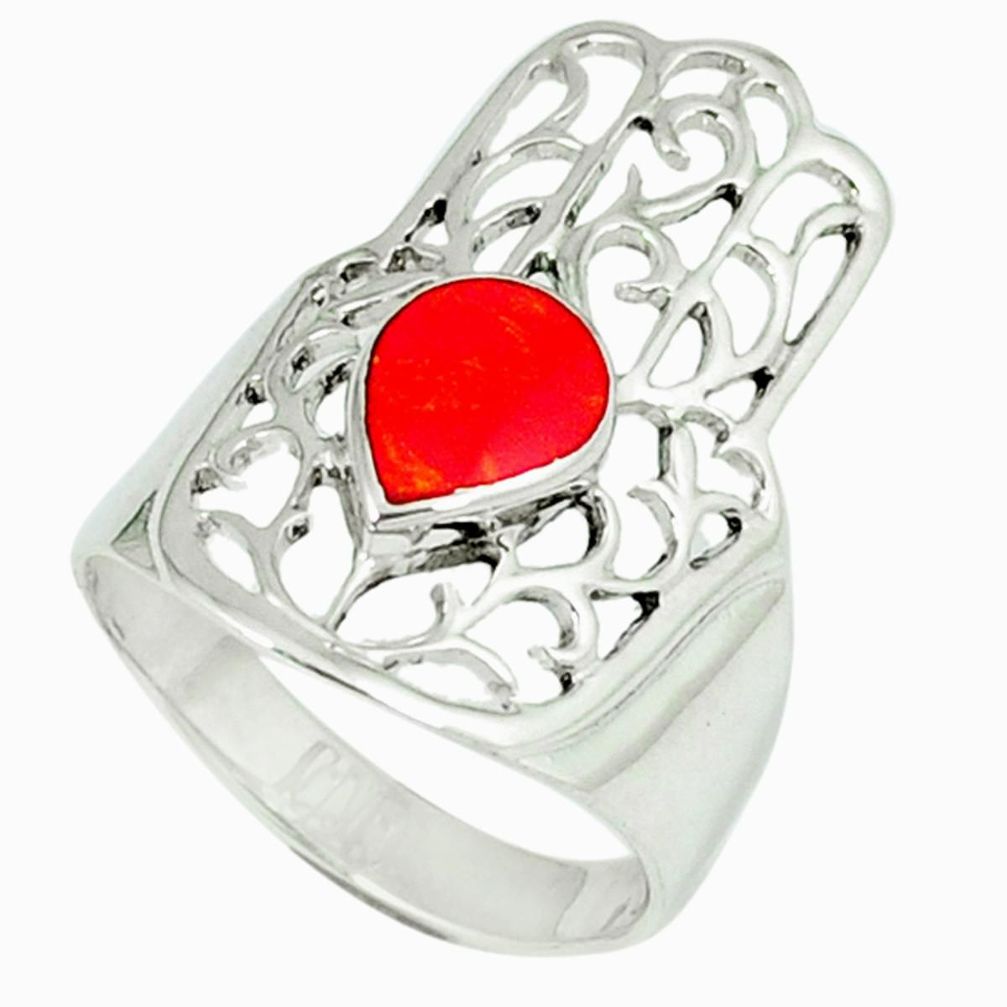 4.25gms red coral enamel 925 silver hand of god hamsa ring size 7 a45901