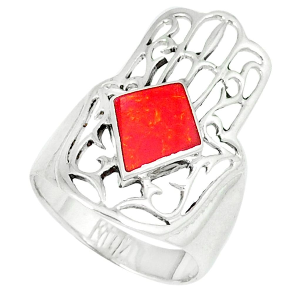 4.47gms red coral enamel 925 silver hand of god hamsa ring size 6.5 a45977