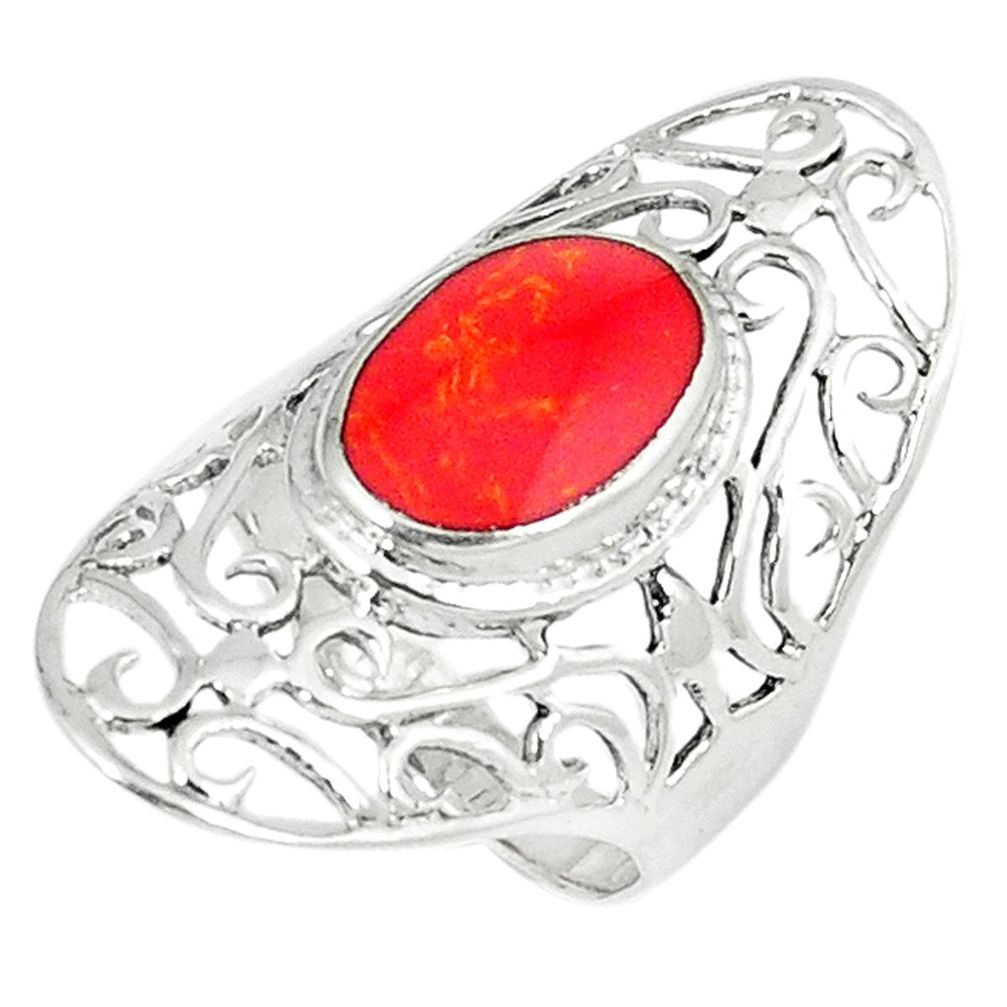 3.56cts red coral 925 sterling silver ring jewelry size 5.5 a46003