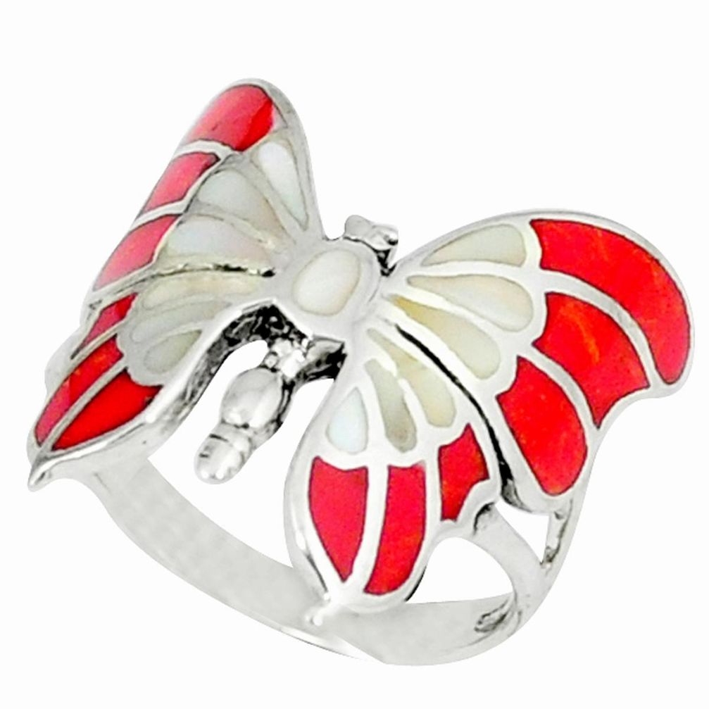 4.26gms red coral pearl enamel 925 silver butterfly ring size 5.5 a46008