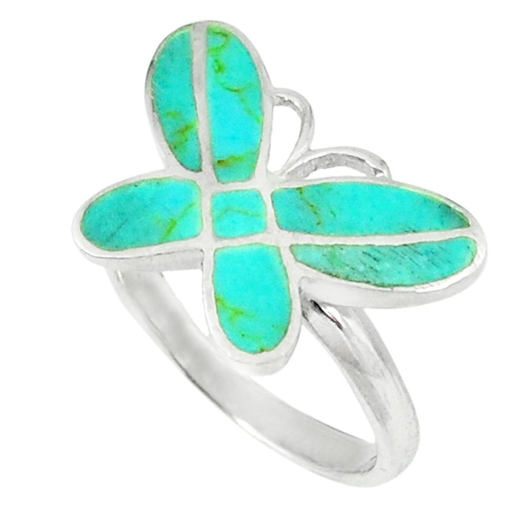 Fine green turquoise enamel 925 silver butterfly ring jewelry size 9 a46416