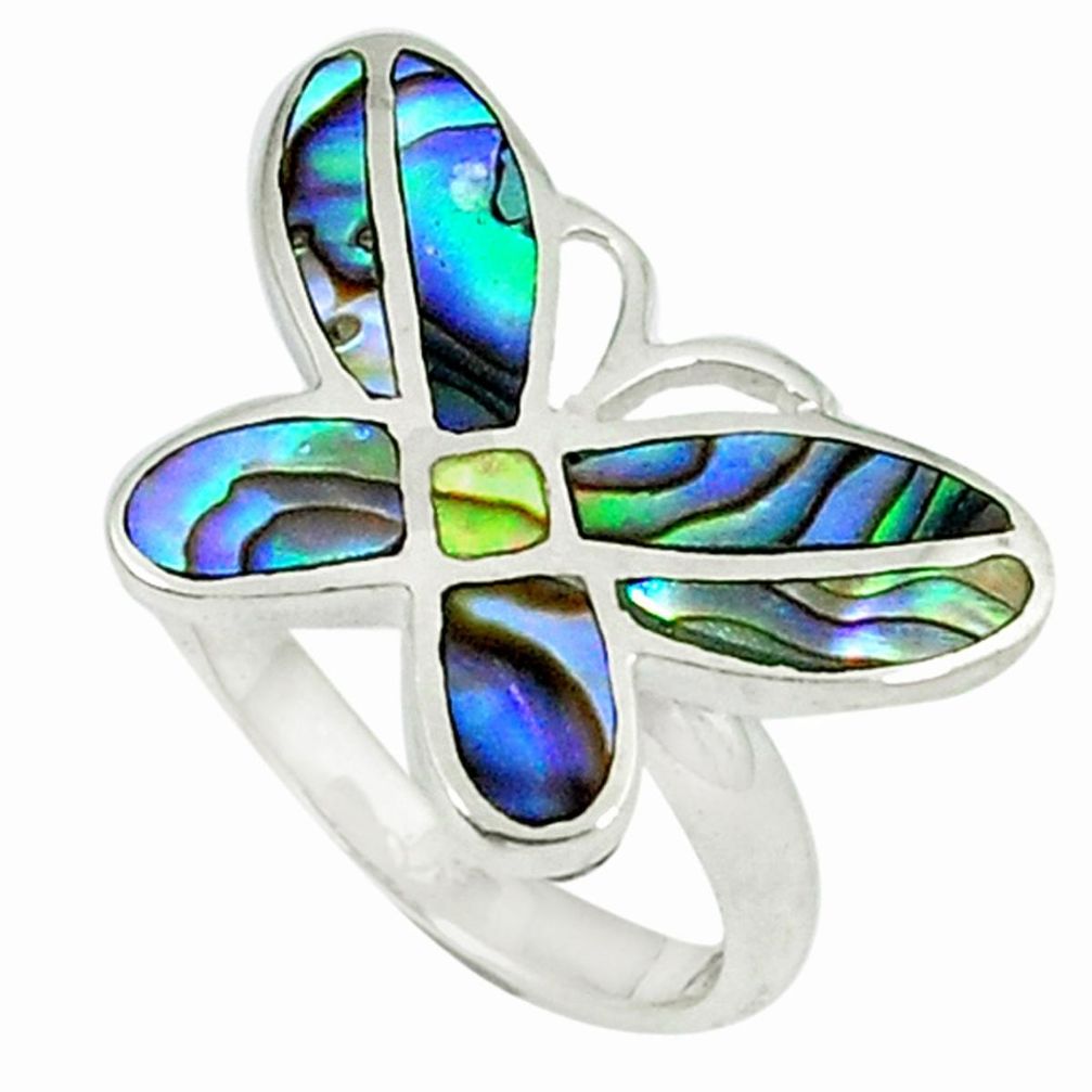 Green abalone paua seashell enamel 925 silver butterfly ring size 5.5 a46430