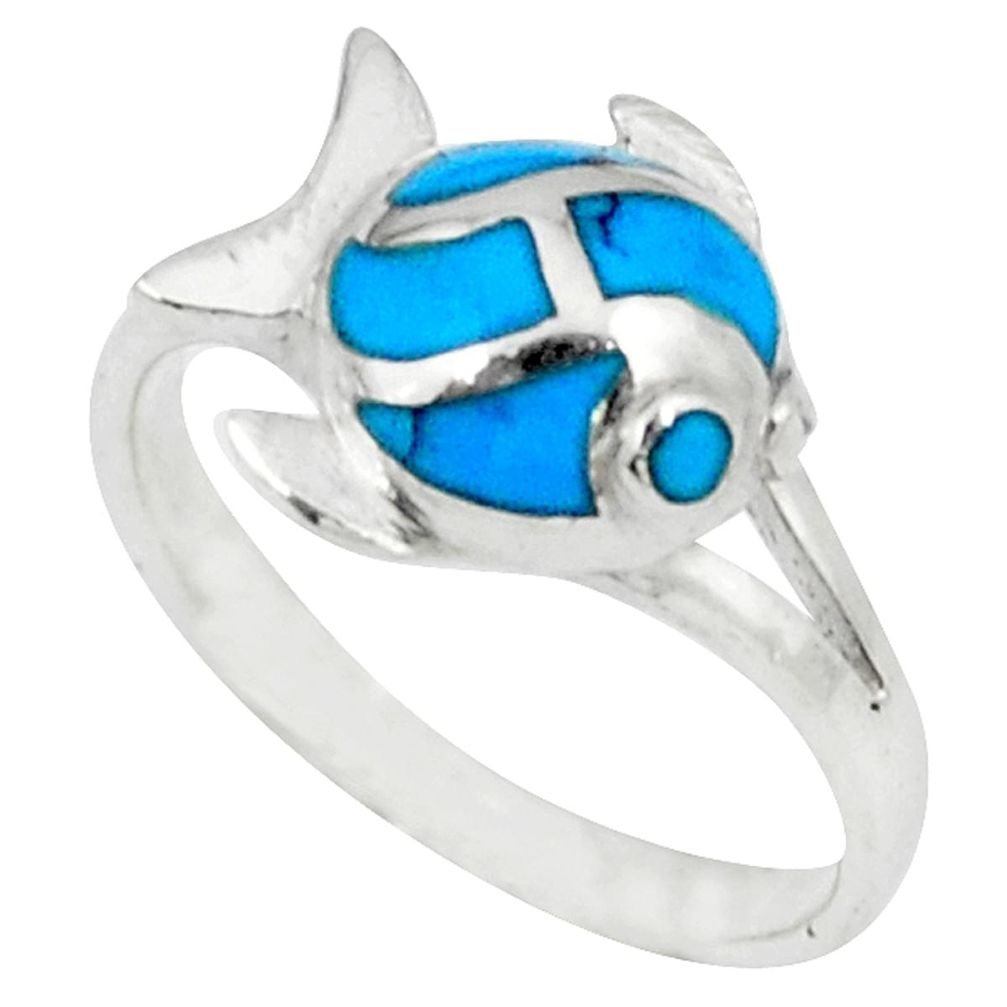 Fine blue turquoise enamel 925 sterling silver fish ring size 6.5 a46469