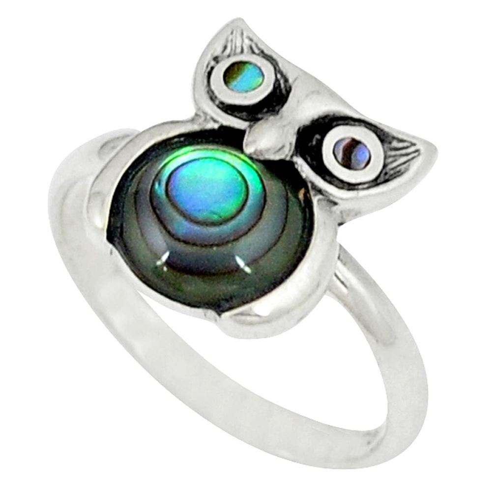 Clearance Sale-925 sterling silver green abalone paua seashell owl ring size 6.5 a46524