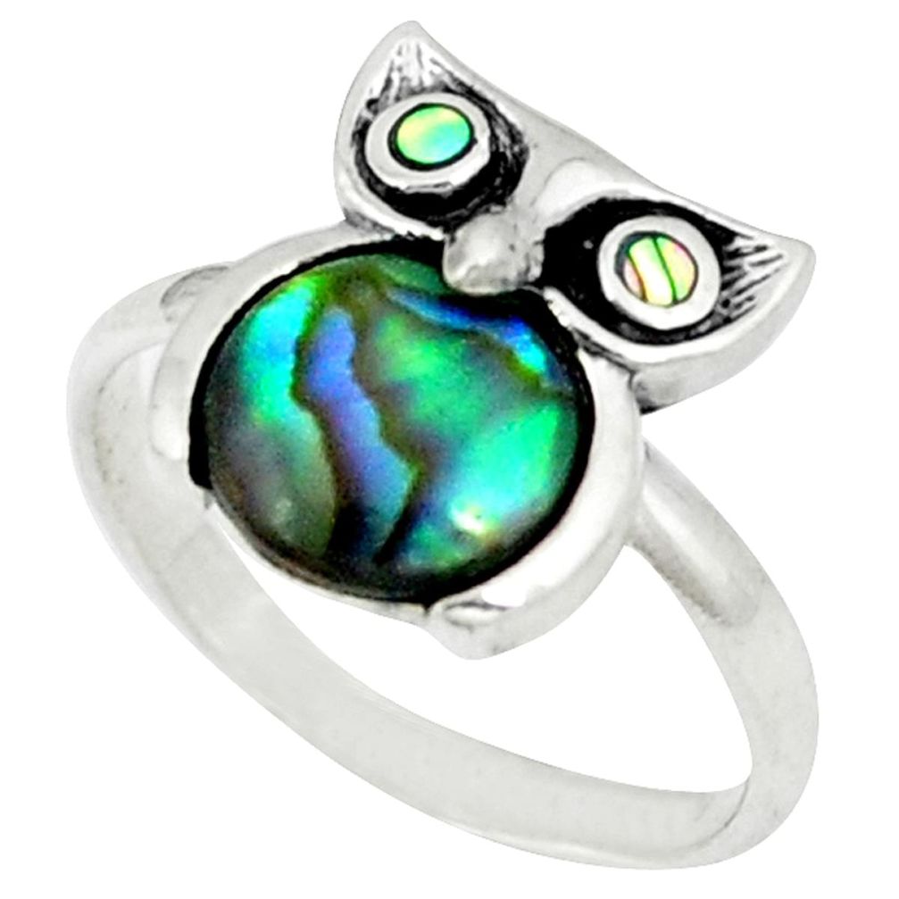 Green abalone paua seashell enamel 925 silver owl ring jewelry size 6 a46536