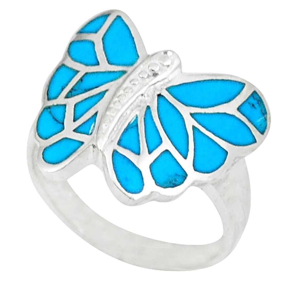 Fine blue turquoise enamel 925 silver butterfly ring jewelry size 7.5 a46566