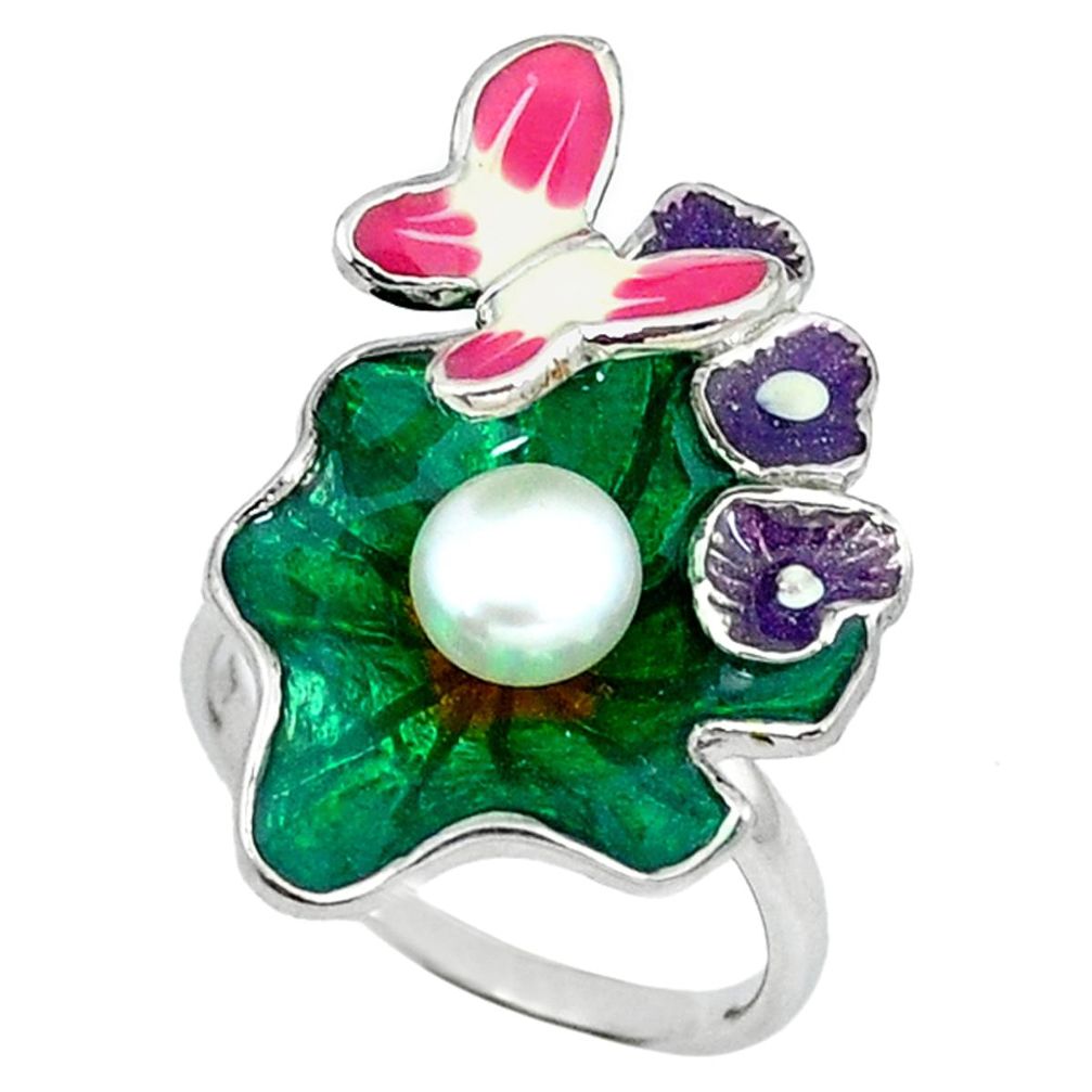 925 silver natural white pearl enamel butterfly ring jewelry size 7 a46773