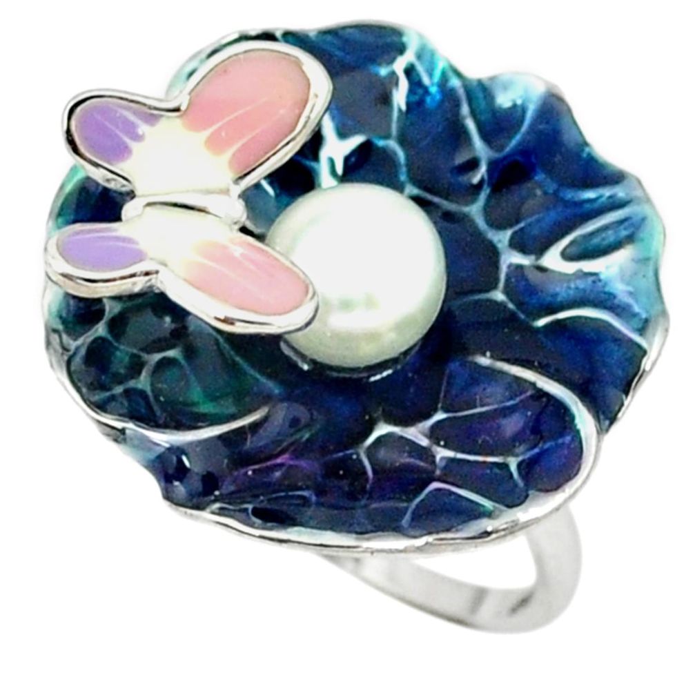 Natural white pearl enamel 925 sterling silver butterfly ring size 7 a46818