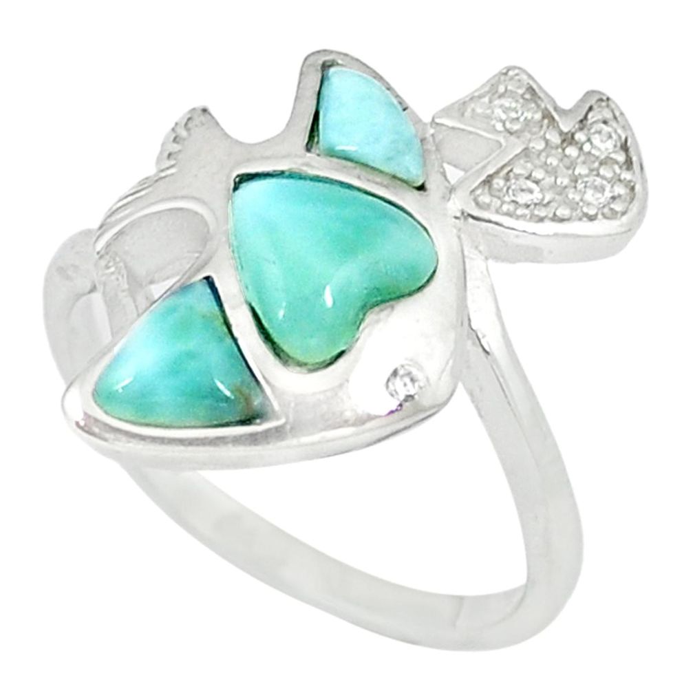 Natural blue larimar topaz 925 sterling silver fish ring size 9 a46899