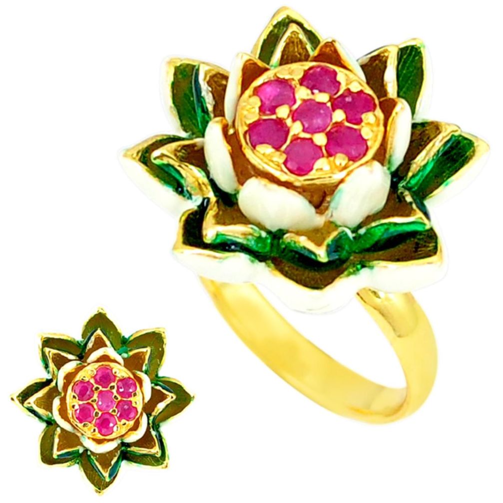 Handmade thai natural ruby enamel 925 silver gold flower ring size 6.5 a48272